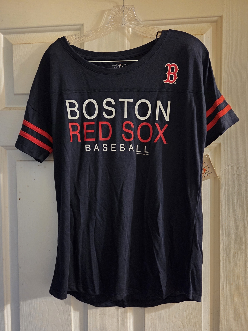 Genuine Merchandise Navy Tee with Red Sleeve Stripes